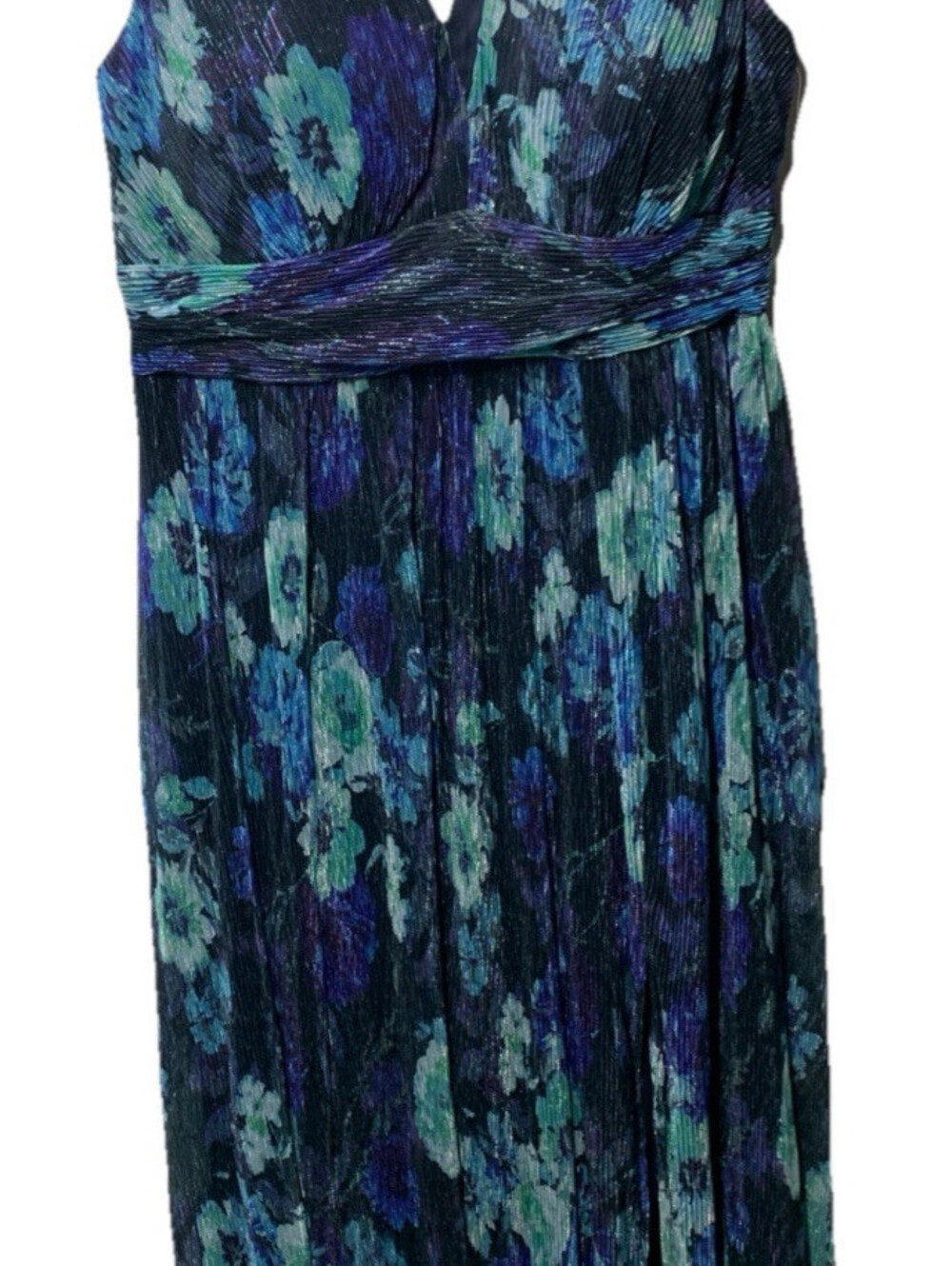 R&M Richards Long Crinkle Pleated Floral Dress Sleeveless 16W Navy/Periwinkle